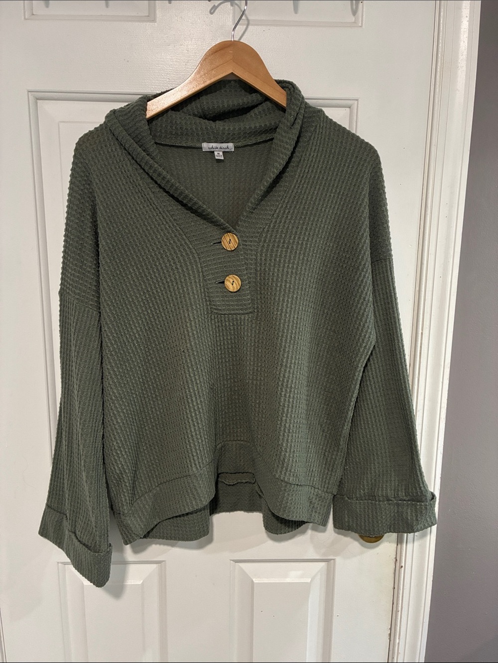 white birch Olive Waffle Cowl Neck Sweater with Wooden Buttons